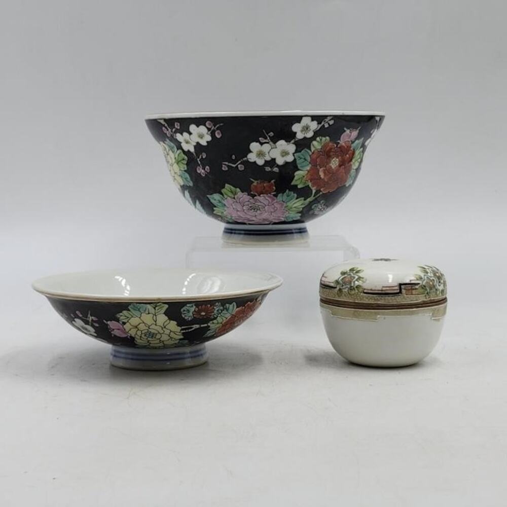 2 China Famille Noire Porcelain Bowls &  Nippon 2 Piece Hand Painted TrinketBowl